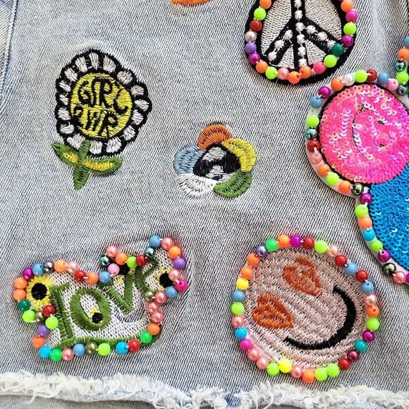 EUC fun rare La Ros women's Emoji smile butterfly love star jean skirt, M - Picture 7 of 10